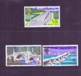 英国邮票1968年古迹石板桥 拱桥 公路高架桥 建筑风光 3新