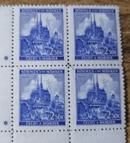 德占捷克1939-41年城堡2.5K  四方联一件 雕刻版 MNH