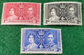 英属联发邮票 索马里兰 1937年 乔治六世加冕 3全 MNH 外国邮票