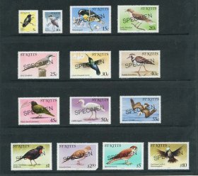 圣基茨1981年鸟类邮票样票14枚，原胶无贴纸 2.5$缺角，其余全品