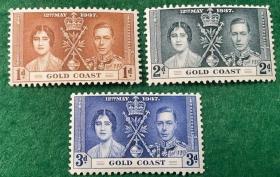 英属联发邮票 黄金海岸 1937年 乔治六世加冕 3全MNH齿黄 3.1美金