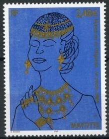 法属马约特2004年绘画《佩戴珠宝的土著妇女》高面值邮票1全