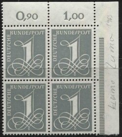 德国邮票 西德 1958年 数字 1全新方连BRD08