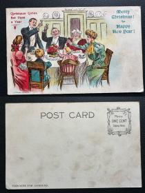 美国明信片 1910年代 新年快乐 家庭聚餐 空白