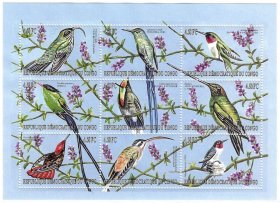 刚果2000鸟类、山雀小全张，外国邮票