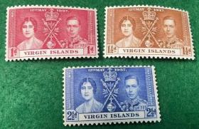 英属联发邮票 英属维尔京群岛 1937年 乔治六世加冕3全MNH蓝枚黄
