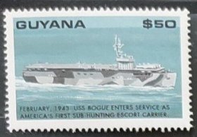圭亚那1993二战航空母舰猎潜舰船舶飞机潜水艇军舰邮票1枚新