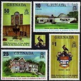 外国邮票 格林纳达 1974年 建筑4全 大学艺术剧院等 全新无贴