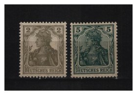德国 1905年 戴皇冠的日耳曼尼亚 邮票 新2枚 面值2/5芬尼 上品