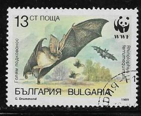 保加利亚1989年野生动物蝙蝠、蝴蝶1枚盖销
