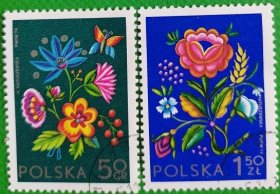 波兰邮票1974年 花卉刺绣  2枚 盖销