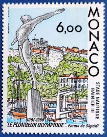 摩纳哥1986当代雕塑 跳水运动员帆船 风光建筑 1全 雕刻版