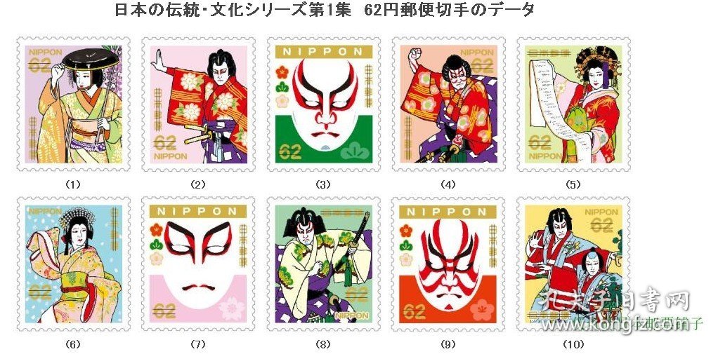 日本邮票2018年传统文化第1集歌舞伎脸谱C2360信销10全62円和服