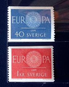 1960年   瑞典邮票    欧罗巴 齿轮  2全