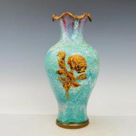 钧瓷镶金瘦金体刻诗花瓶，高35厘米，直径16厘米