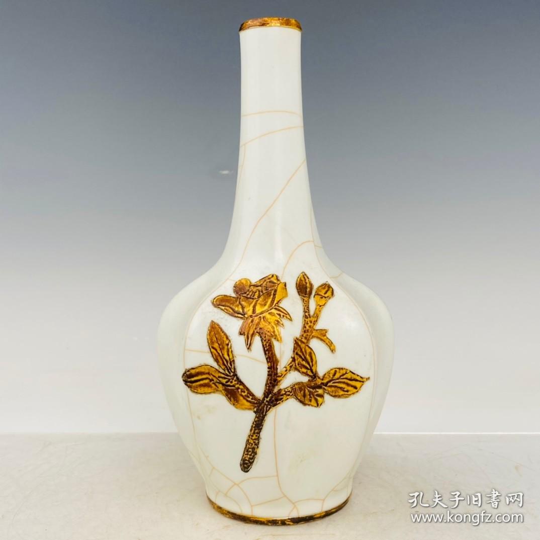 官瓷镶金瘦金体刻诗花瓶，高24厘米，直径12厘米