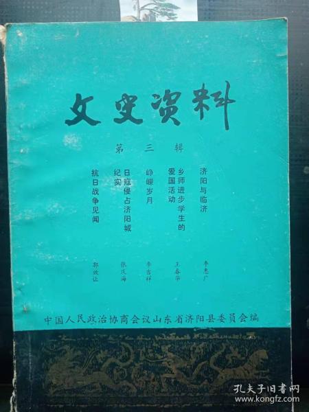 文史资料3（济阳县）：济阳与临济， 著县的由来及其他， 济阳简易乡村师范进步学生爱国 活动的一段回忆， 崢嵘岁月—— 李吉祥 我在济阳一段工作的回忆， 日寇侵占济阳城纪实， 抗日战争见闻——救亡悲歌， 悬壶生涯四十年—— 回忆姜金声先生