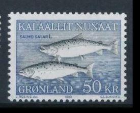 丹麦属地格陵兰群岛 1983年 巴哈鱼 1全新 高值雕刻版 斯拉尼亚雕刻