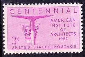 美国1957年 美国建筑家学会百年.亭柱建筑 1全新 雕刻版