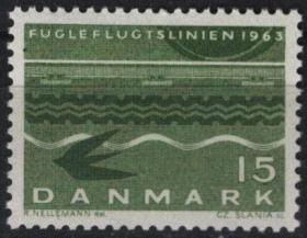 丹麦邮票 1963年丹麦 德国 铁路开通纪念 1全新 雕刻版 斯拉尼亚雕刻