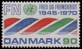 丹麦 1970年  联合国成立25周年 象征团结的图案1全新 雕刻版 斯拉尼亚雕刻