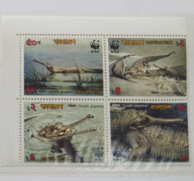 孟加拉国 1990 世界自然保护基金会 WWF 食鱼鳄 4全新 左上角联票