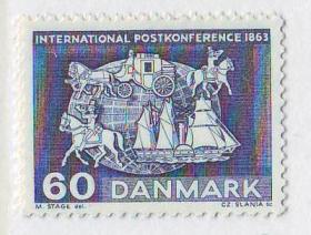 丹麦 1963年  国际邮政会议百年-交通工具1全新 雕刻版 斯拉尼亚雕刻