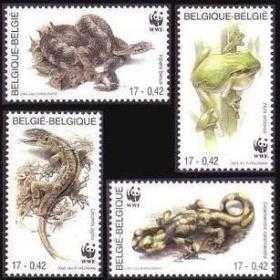 比利时2000年 自然保护基金会 WWF爬行和两栖动物，毒蛇、火蜥蜴、雨蛙等 4全新