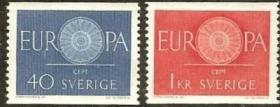 瑞典 1960年  欧罗巴 车轮  十九根辐条构成的车轮象征着欧洲邮电联盟19个创始国共同前进 雕刻版 2全新 斯拉尼亚雕刻