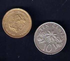 【北极光】1990年-新加坡硬币（5分10分）2枚钱币-硬币-纸币-实物拍摄