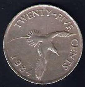 【北极光】1984年-百慕大硬币》25分上品-钱币-硬币-白尾鹲-实物扫描