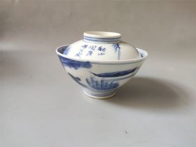 清末秋山闲居游山水图青花盖碗