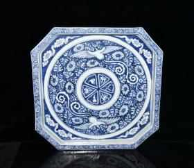 元代青花留白双凤纹四方八棱茶盘【4x41.5cm】