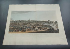 1815年手工上色飞尘法铜版画《盟军追击试图穿越莱比锡撤退的法军，1813年10月19日》
