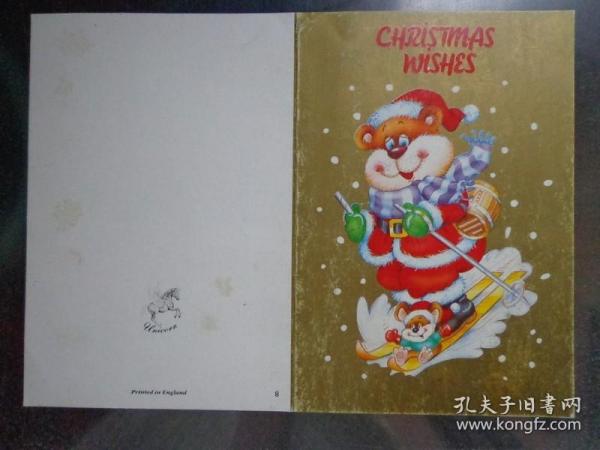 圣诞贺卡 90年代英格兰出品 封面圣诞熊滑雪橇 21.5X15厘米折页