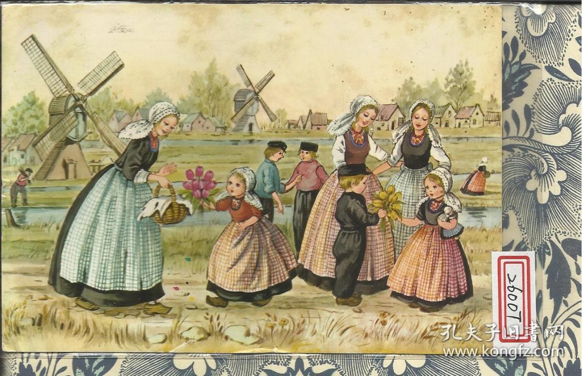 【编号：26007】Typical Dutch Scene Typische hollandische Szene Oud Hollands Tafereel 二十世纪风车童趣实寄古董明信片 vintage