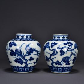 明宣德青花瓜果纹小罐一对 海外回流老货瓷器古董古玩收藏