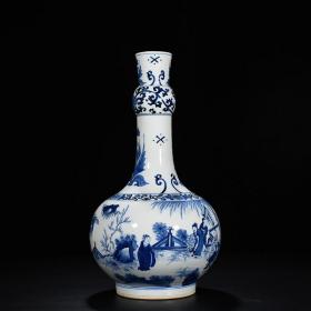 清康熙青花人物故事纹长颈瓶 海外回流老瓷器古董古玩收藏