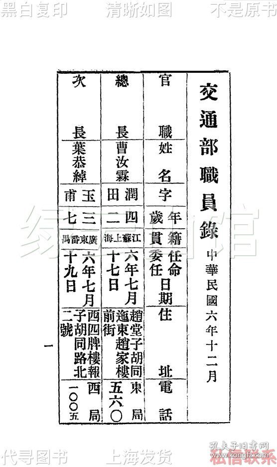 【提供资料信息服务】交通部职员录 总务厅机要科1917  近代史料 民国版