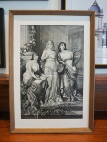 德国百年老版画  音乐三美女   约1895年    钢版画    西洋版画   4开   实木画框    装饰画