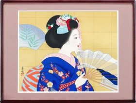 浅井秀水  【舞妓舞扇】   手褶木版画     复刻浮世绘    限350部    画芯37*46   赠原装实木画框48*63cm    安达版画研究院