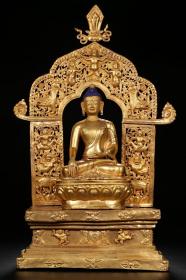 清中期.一流金水精铜鎏真金带背光释迦牟尼佛坐像摆件