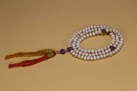 旧藏 老珍珠雕团寿纹配红宝石108念珠，