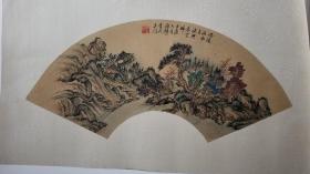 （款）顾 麟士 国画 扇面山水画，尺寸：64.5X37厘米，画心尺寸：53X19厘米。