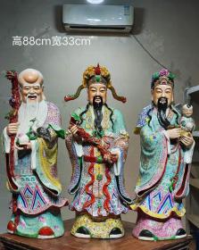 美品·款识“曾龙昇 制”精工细作满工粉彩雕塑造像“福禄寿”纹站像一套。