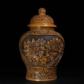 旧藏剔黄漆器花开富贵图将军罐，肚腹宽21厘米高34厘米，重1818克