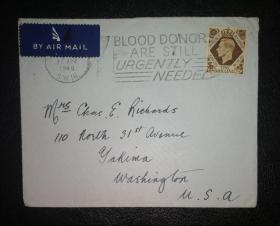 英国1948年实寄封 销“仍然急切需要捐血者”宣传戳