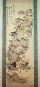 日本明治至昭和时期画家島崎其邨 1918年作 忠孝联芳图 绢本花鸟中堂立轴 日本原裱原装木盒