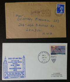英属马恩岛1971实寄摩托车赛纪念戳，美国1977铁路邮局尾日实寄封，两枚一起。
第2枚封宣文：一个时代的终结，纽约至华盛顿铁路邮局服务最后一天