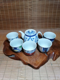 日本陶瓷器 有田烧 清秀 作 染付赤绘 五花样纹 茶具 共箱